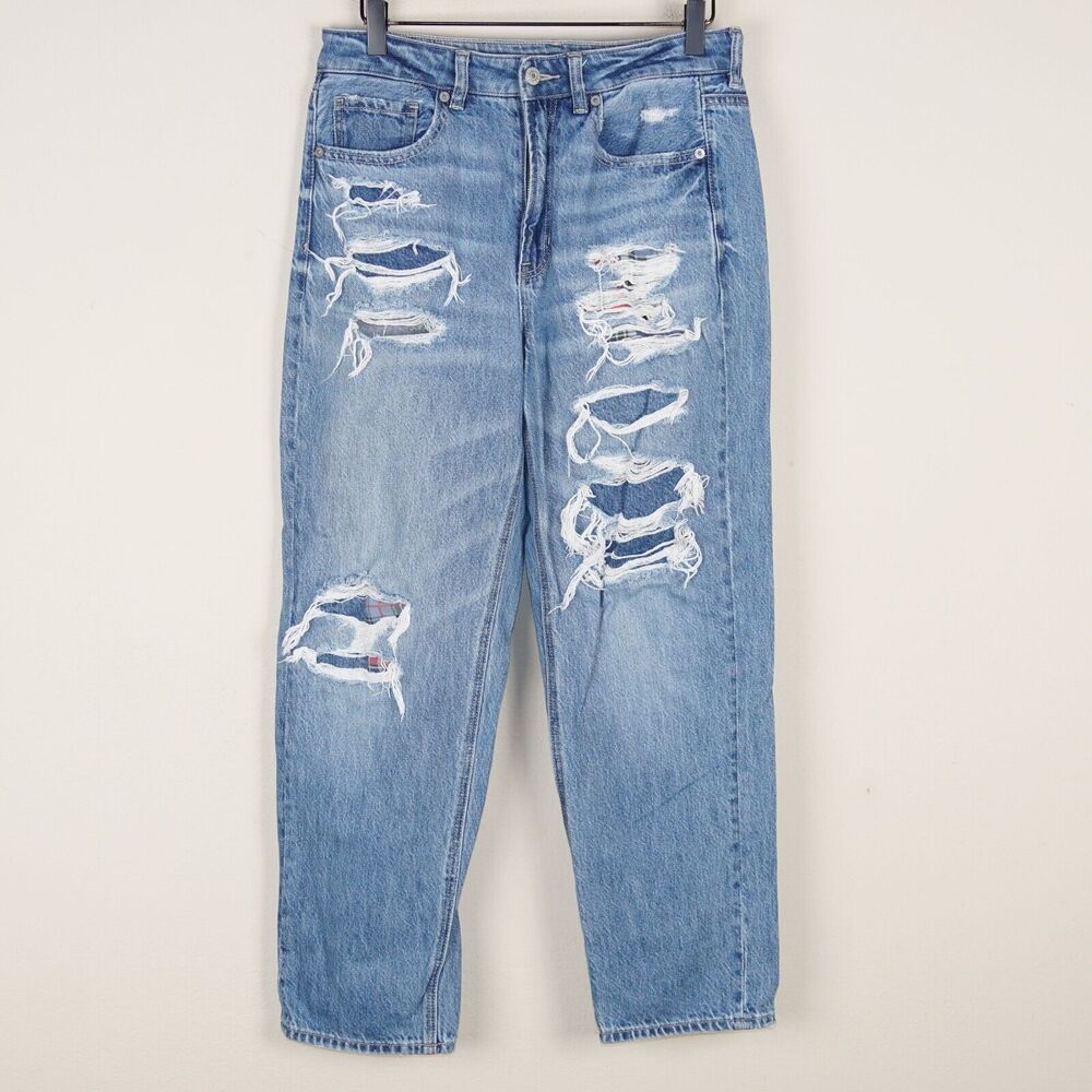 American Eagle Patched Mom Straight Blue Jeans Womens Sz 8